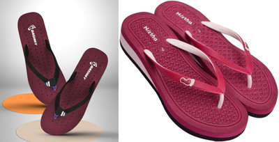 DASHNY Women Flip Flops(Maroon, Maroon , 5)