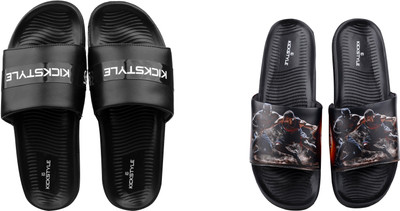 KICKSTYLE Men Slides(Black, Black , 6)