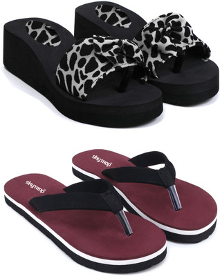 Skytrap Women Stylish Comfortable and Trending Printed Flip Flops Slide Combo of 2 Slippers(Black, Maroon , 8)