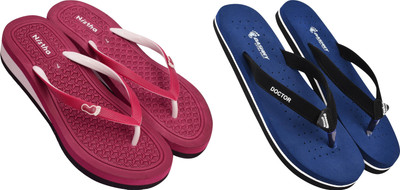 DASHNY Women Flip Flops(Navy, Tan , 5)