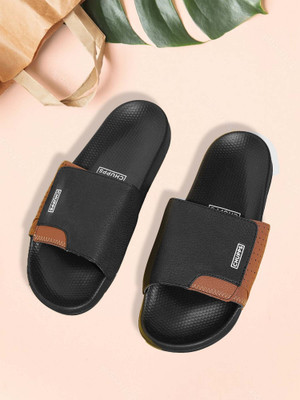 Chupps Men Solid Hues Black&Tan Slides Slippers Soft Lightweight Flip Flops For Slides(Black , 9)