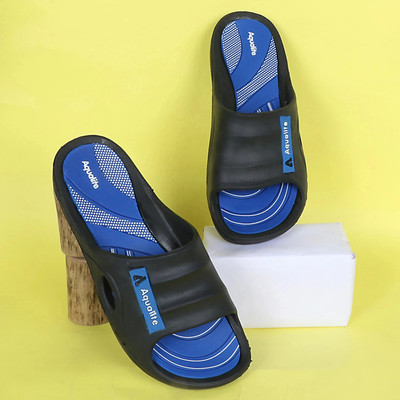 Aqualite Men Anti-Skid Slides(Black, Blue , 9)