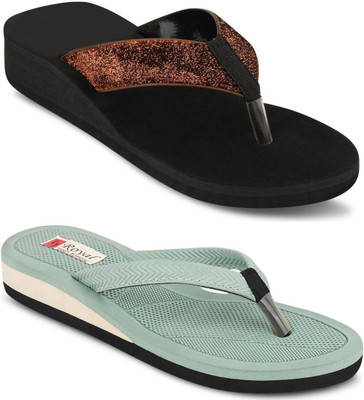 kishu Women Flip Flops(Brown, Black, Green , 8)