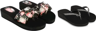 KOMOPT Women Slippers(Multicolor, Black , 7)
