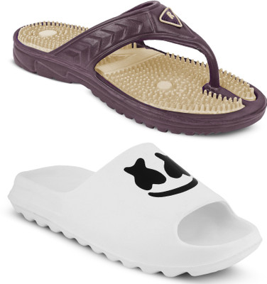 Keneye Men Men Combo of 2 Light Weight & Comfortable Slides(Brown, White , 6)
