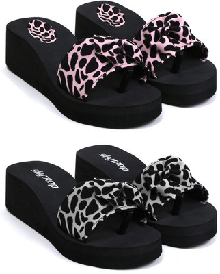 Skytrap Women Stylish Comfortable and Trending Printed Flip Flops Slide Combo of 2 Slippers(Pink, Black , 8)