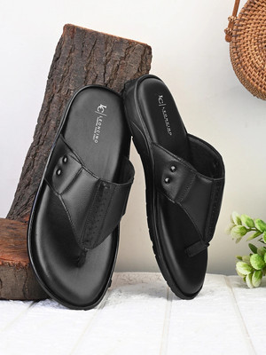 LEONCINO Men Comfortable Trendy Pure Leather Slippers | Sandals for Daily And Casual Wear | Slippers(Black , 9)