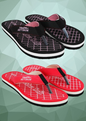 KETIKOE Women Slippers(Black, Red , 6)