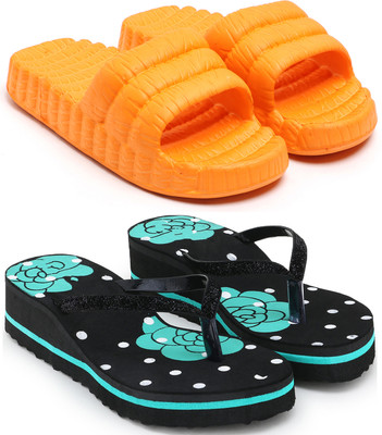 Feens Women Flip Flops(Orange, Green , 7)