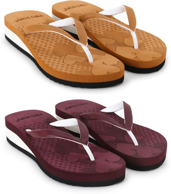TWO SOFT Women Pack Of 2 Combo Stylish Extra Comfort Lightweight Dailywear Used Slippers(Tan, Maroon , 7)