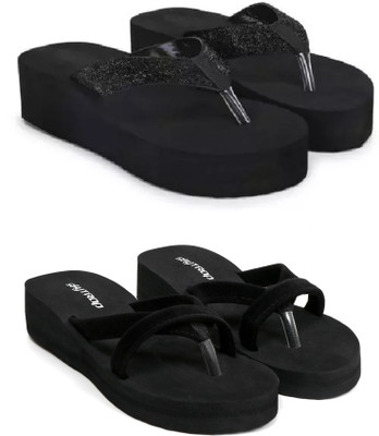 Skytrap Women Stylish Comfortable and Trending Medium Heel Flip Flops Combo of 2 Slippers(Black , 8)