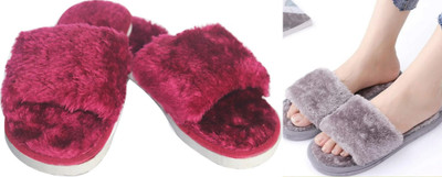 rexizone Women Flip Flops(Grey, Maroon , 4)