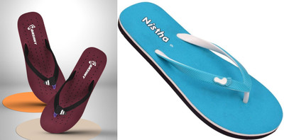 DASHNY Women Flip Flops(Maroon, Blue , 5)