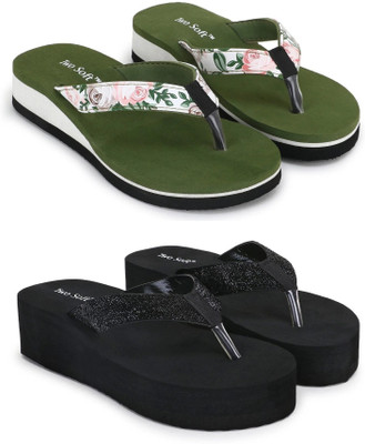 TWO SOFT Women Pack Of 2 Combo Stylish Extra Comfort Lightweight Dailywear Used Slippers(Green, Black , 5)