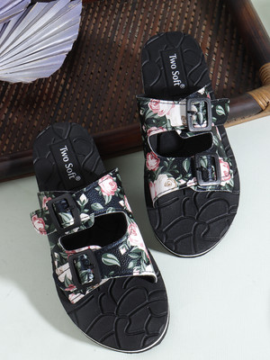 TWO SOFT Women Slippers(Black , 6)