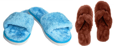 rexizone Women Flip Flops(Blue, Brown , 5)