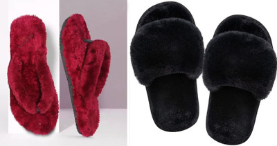 rexizone Women Flip Flops(Black, Maroon , 4)