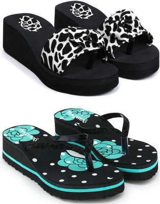 Skytrap Women Stylish Comfortable and Trending Printed Flip Flops Slide Combo of 2 Slippers(White, Green , 8)