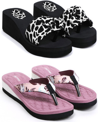 HOC Women Slippers(White, Pink, Black , 4)