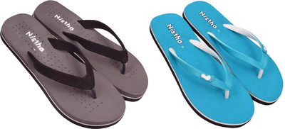 NISTHA Women Flip Flops(Brown, Blue , 4)
