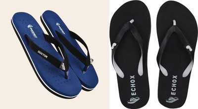 DASHNY Women Flip Flops(Blue, Black , 4)