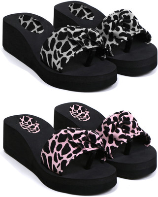 Skytrap Women Stylish Comfortable and Trending Printed Flip Flops Slide Combo of 2 Slides(Black, Pink , 7)