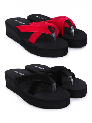 TWO SOFT Women Combo Pack Of 2 Women Slipper Stylish Casual Light & Soft Comfortable Daily Wear Flip Flops(Red, Black , 6)