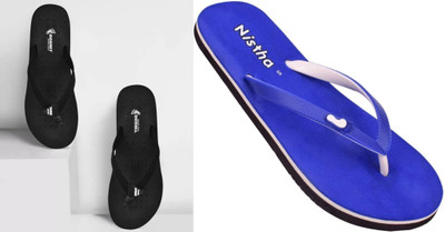 DASHNY Women Flip Flops(Black, Blue , 4)