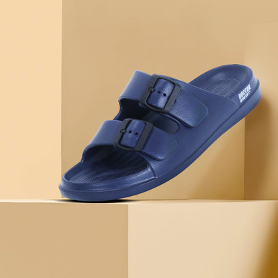 DOCTOR EXTRA SOFT Men Men's Classic Cushion Sliders/Slippers with Adjustable Buckle Strap Adult D-505 Slides(Navy , 8)