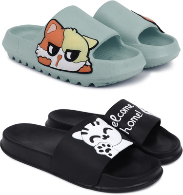 Kapani Fashion Women Women Combo Pack of 2 Flipflops, Slipper, Slides, Chappal (Green, Black , 5) Slides(Green, Black , 5)