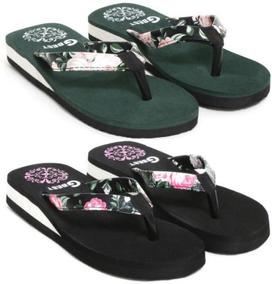 G Best Women Flip Flops(Black, Green , 5)