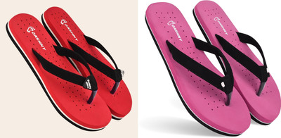 DASHNY Women Flip Flops(Red, Pink , 5)