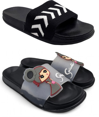 KAPYANSH Women Women Classic Trendy Flipflops, Slipper, Sliders, Chappal Combo Pack of 2 Slides(Black, Black , 8)