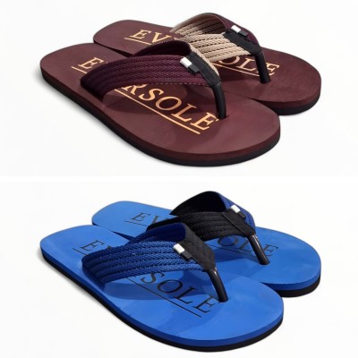 EVERSOLE Men Flip Flops(Maroon, Blue , 9)