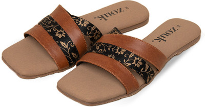 ZOUK Women Slides(Black, Gold , 4)