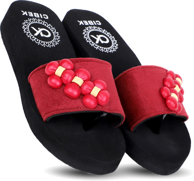 CIBEK Women Flip Flops(Maroon, Black , 8)