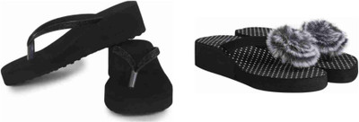 BOOMBEAUTY Women Flip Flops(Black, White , 8)