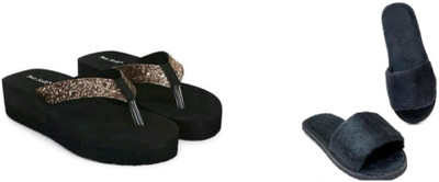 BOOMBEAUTY Women Slides(Black, Gold , 7)
