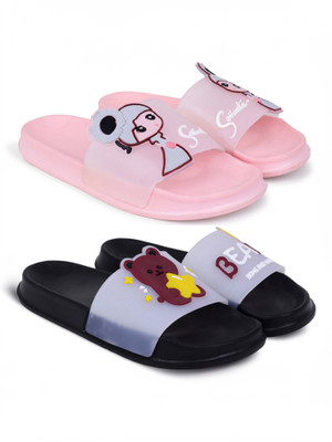 Kapani Fashion Women Combo Pack of 2 Lightweight Flipflops, Slipper, Slides(Pink, Black , 4)