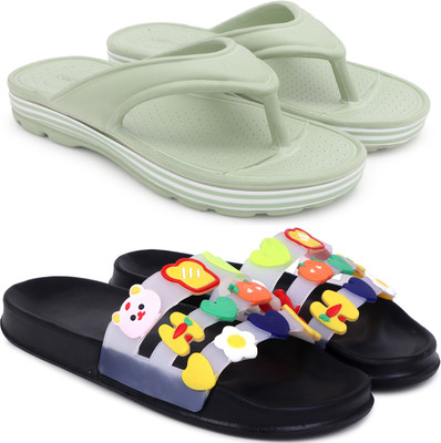 Kapani Fashion Women Women Combo Pack of 2 Lightweight Flipflops, Slipper, Slides (Green, Black , 5) Slides(Green, Black , 5)