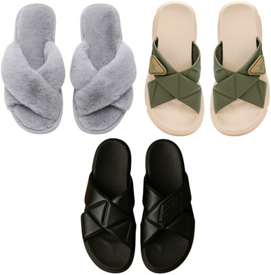 Shivaru trader Women Slippers(Grey, Green, Black , 3)