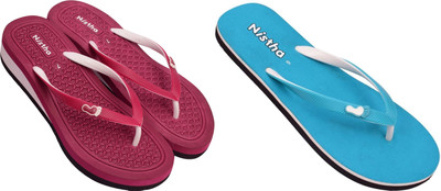 NISTHA Women Flip Flops(Blue, Tan , 4)