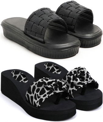 Skytrap Women Flip Flops(Black , 8)