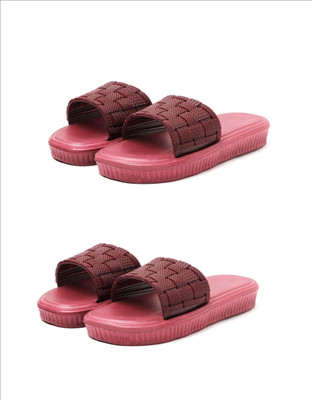 HOC Women Slippers(Maroon, Pink , 7)