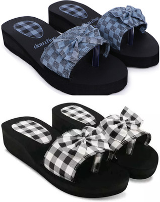Skytrap Women Stylish Comfortable and Trending Checkered Flip Flops Slide Combo of 2 Slippers(Grey, Black , 7)