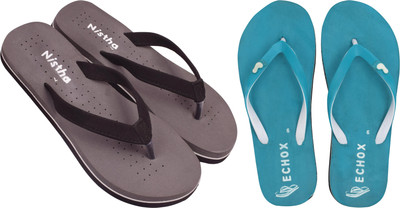 NISTHA Women Flip Flops(Brown, Blue , 7)