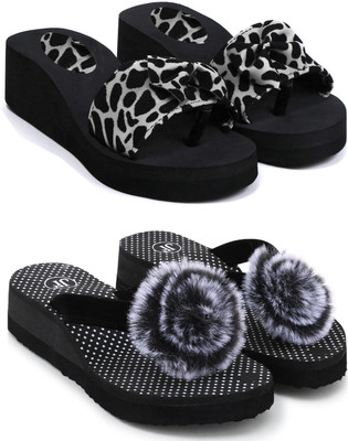 Feens Women Stylish and Comfortable Light Weight Super Soft Flip Flop Combo of 2 Flip Flops(Black , 6)