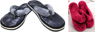 rexizone Women Flip Flops(Grey, Maroon , 7)