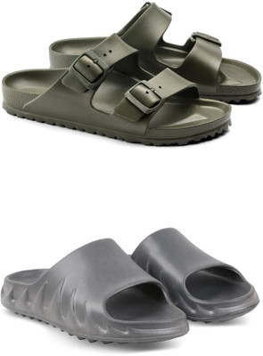 Beonza Men Combo Pack Of 2 PAIRS Of Men Flip Flops Slippers Slides(Grey, Green , 10)