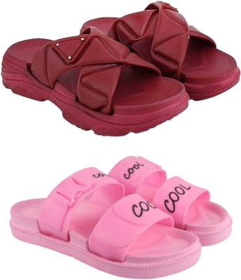 WOCMEC Women Slides(Maroon, Pink , 7)